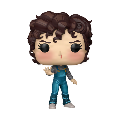 Figura Funko Pop de pessoa com cabelo castanho encaracolado e roupa azul de jardineira