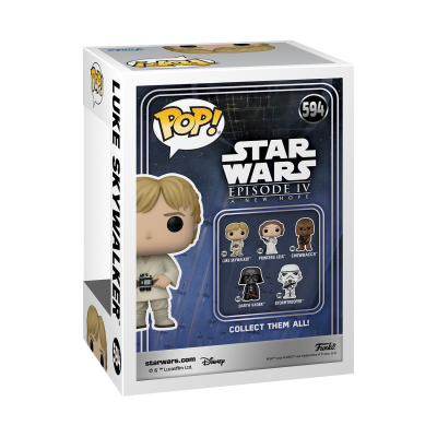 Embalagem da figura POP! Star Wars Episódio IV Luke Skywalker nº 594 com personagens e texto