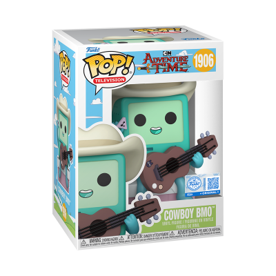 Funko Pop! Cowboy BMO da Adventure Time com chapéu de cowboy e guitarra numa embalagem com janela.