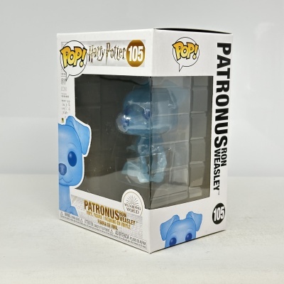 Embalagem Funko Pop branco com figura azul translúcida do Patronus de Ron Weasley