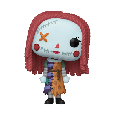 Boneco Funko Pop com cabelo vermelho e pele azul clara, vestido colorido com padrão de folhas e olhos costurados.