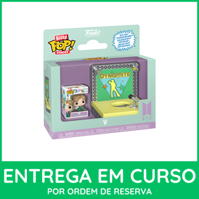 Funko Pop! Stages Bitty Pop do V do BTS com palco e microfone em embalagem colorida.