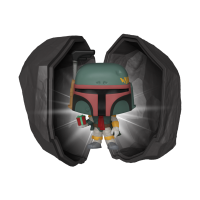 Figura Funko Pop de Boba Fett com capacete verde e vermelho segurando presente em fundo rochoso