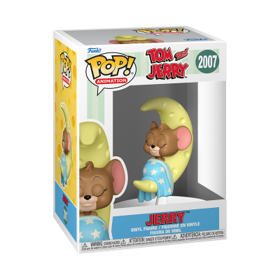 Figura vinil Jerry Tom and Jerry numa lua vestindo pijama azul em caixa POP Animation