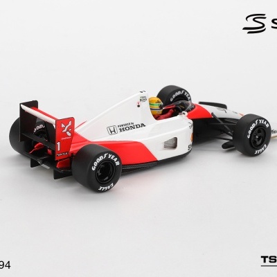 Miniatura de carro de Fórmula 1 branco e vermelho com patrocínios Honda e Goodyear