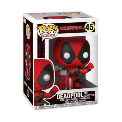 Figura POP! Deadpool 45 sentado em scooter vermelho e preto na embalagem