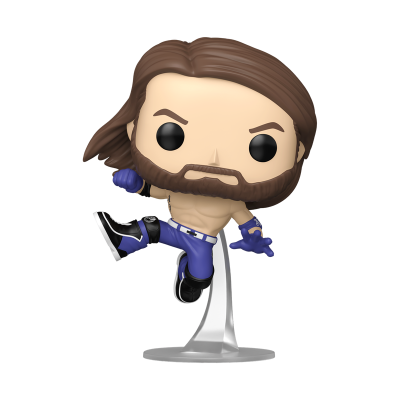 Figura Funko Pop homem com cabelo e barba castanha, calças azuis e botas negras em suporte transparente