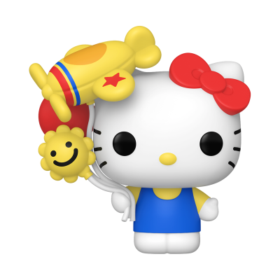 Figura de vinil da Hello Kitty com balões coloridos e vestido azul.