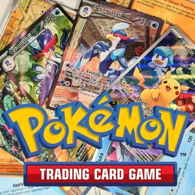 Cartas Pokémon Quaquaval, Pikachu e logo do jogo de cartas