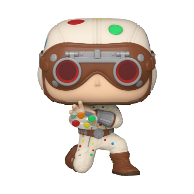 Funko Pop personagem de fato branco com pontos coloridos e óculos de proteção
