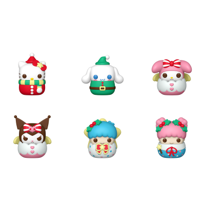 Seis bonecos kawaii natalícios coloridos com roupas e acessórios festivos