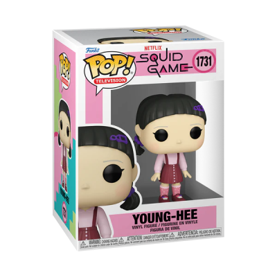 Figura Funko Pop Young-Hee da série Squid Game em embalagem rosa e branca