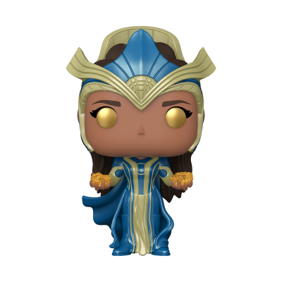 Figura Funko Pop de super-heroína com roupa azul e dourada e capacete