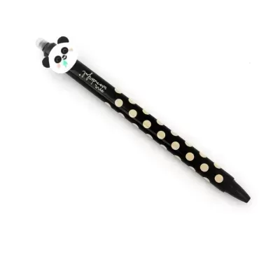 Caneta preta com bolinhas brancas e figura de panda no topo