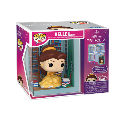 Figura Funko Pop da Bela na biblioteca com vestido amarelo em caixa colorida