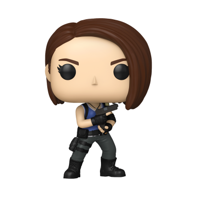Boneco Funko Pop personagem feminina com top azul e calças cinza segurando arma