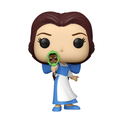 Funko Pop da personagem Bela vestida de azul e branco segurando um espelho verde