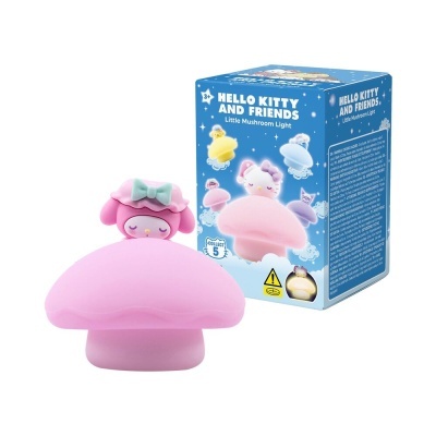 Luz cogumelo rosa com personagem My Melody e caixa azul Hello Kitty