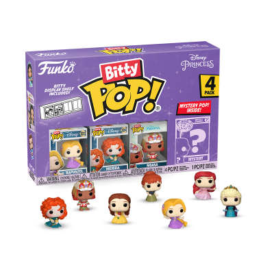 Conjunto Funko Bitty Pop! Disney Princess com 4 figuras em miniatura e embalagem roxa