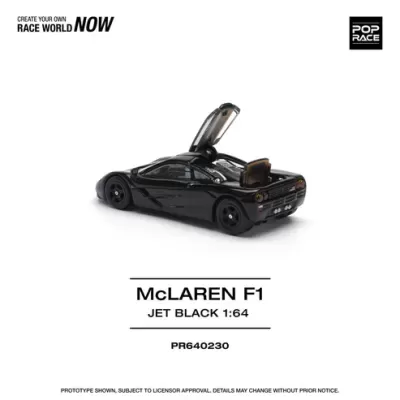 Miniatura de McLaren F1 preto brilhante com portas abertas