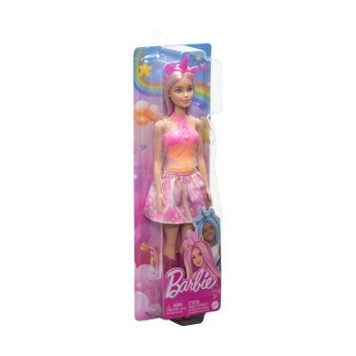 Boneca Barbie em caixa transparente com roupa rosa e lilás