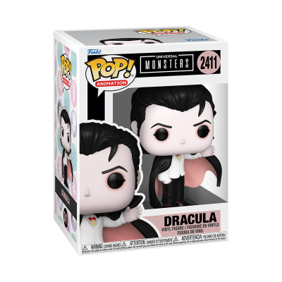 Figura Funko Pop de Drácula com capa preta e fraque branco na caixa