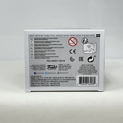 Parte trás da embalagem Funko com texto e logotipos