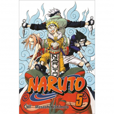 Capa do manga Naruto 5 com personagens Naruto, Sakura, Sasuke e Kakashi