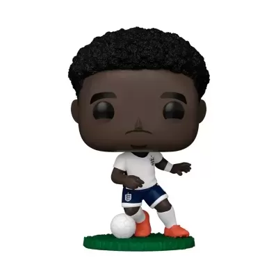 Figura Funko Pop de jogador de futebol com roupa branca e azul, chuteiras laranja e bola.