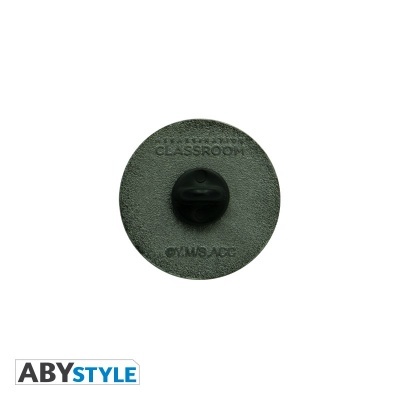 Broche redondo cinzento com pino preto e texto gravado, logotipo ABYSTYLE