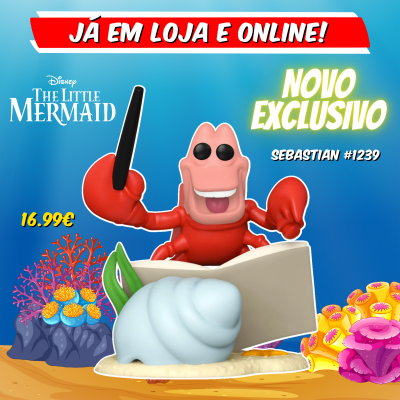 Figura de Sebastian de The Little Mermaid em fundo com corais, texto promocional em português.
