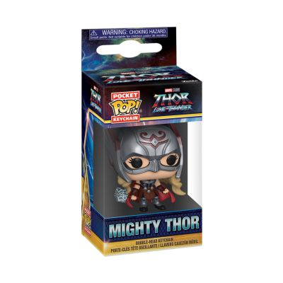 Caixa com chaveiro colecionável Mighty Thor, personagem de cabelo louro, capacete cinzento e roupa vermelha e preta