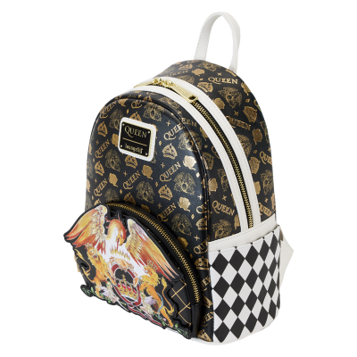 mochila pequena preta e dourada com bolso frontal estampado e padrão quadriculado