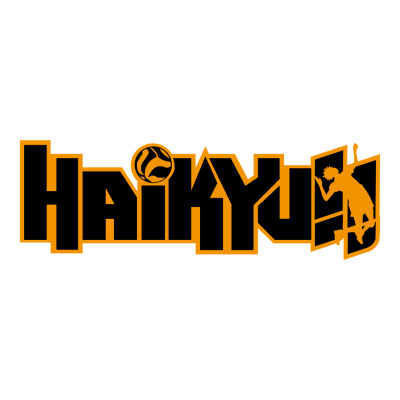 Logótipo preto e laranja com texto HAIKYU e figura de jogador de voleibol