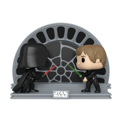 Funko Pop de Darth Vader e Luke Skywalker com base da Estrela da Morte e logo STAR WARS