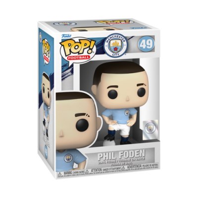 Figura Funko Pop! Football Phil Foden com uniforme do Manchester City na embalagem.