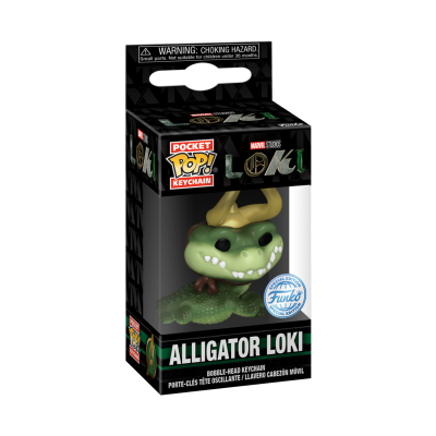 Chaveiro Pop! Pocket Alligator Loki da Funko, verde com chifres dourados na caixa