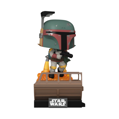 Figura Funko Pop Boba Fett com capacete verde, armadura colorida segurando arma, em base STAR WARS