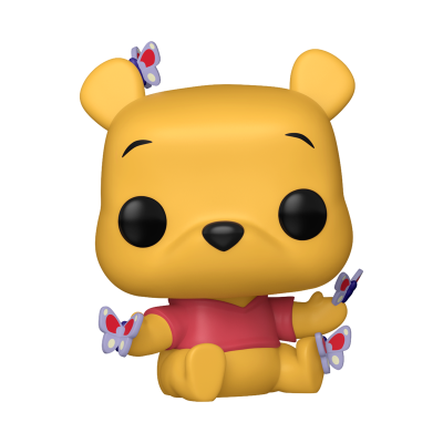 Figura colecionável de urso amarelo com t-shirt vermelha e borboletas lilás
