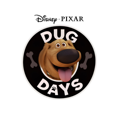 Logo circular preto com rosto de cão animado e texto DUG DAYS Disney PIXAR