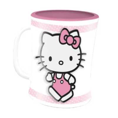 Caneca branca e rosa com personagem Hello Kitty estampada