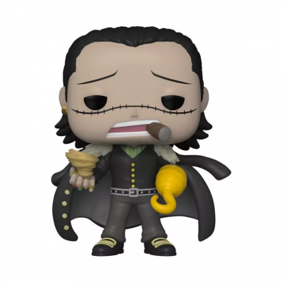 Figura Funko Pop personagem com casaco preto, charuto, gancho amarelo e concha amarela