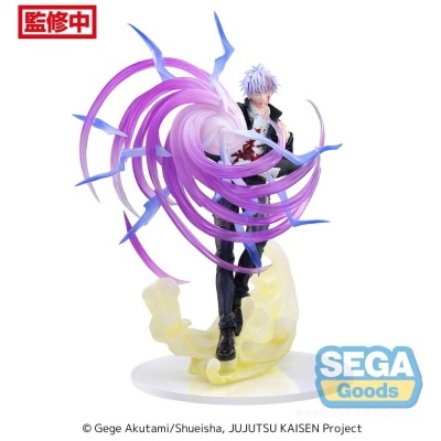 Figura colecionável do personagem Gojo Satoru de Jujutsu Kaisen com efeitos roxos e base branca.