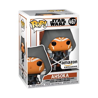 Figura Funko Pop! Ahsoka Star Wars número 467 numa caixa branca com detalhes laranja e texto AMAZON EXCLUSIVE