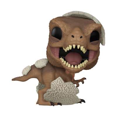 Figura estilo Funko Pop de dinossauro bebé marrom com textura rugosa e cavidades brancas