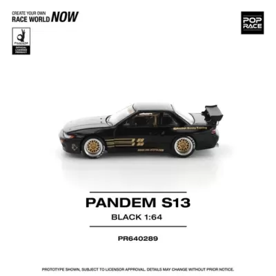 Modelo de carro preto 1:64 com detalhes dourados e texto PANDEM S13 BLACK 1:64