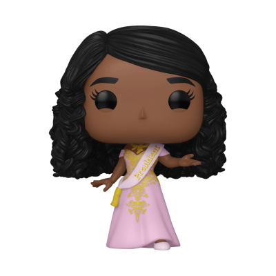 Funko Pop personagem feminina com cabelo preto encaracolado e vestido rosa com ornamentos dourados