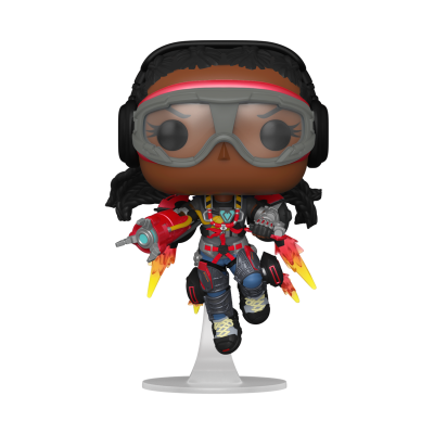 Figura Funko Pop de personagem com roupa vermelha e preta, óculos cinza e jatos de fogo nas mãos