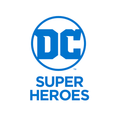 Logótipo DC azul e texto SUPER HEROES azul