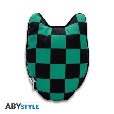 Almofada verde e preta em forma de cabeça de gato com padrão de quadrados